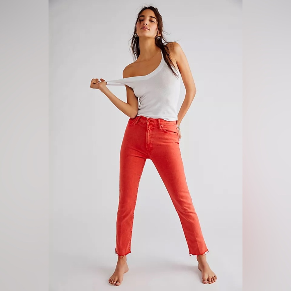 Mother Swooner Rascal in Flame Scarlett red taper leg raw hem jeans